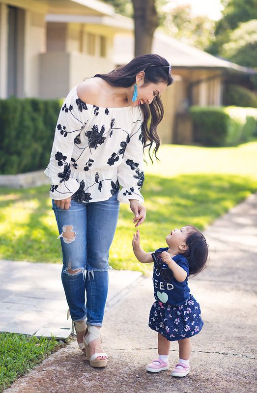 cute & little blog | petite fashion | floral off shoulder blouse, distressed jeans, wrap espadrille wedges, turquoise earrings, ray-ban blue aviators | spring outfit | mommy + me photo EL7A7473-Edit.jpg