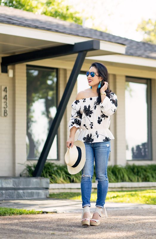 cute & little blog | petite fashion | floral off shoulder blouse, distressed jeans, wrap espadrille wedges, turquoise earrings, ray-ban blue aviators, fedora hat | spring outfit photo EL7A7509-Edit.jpg
