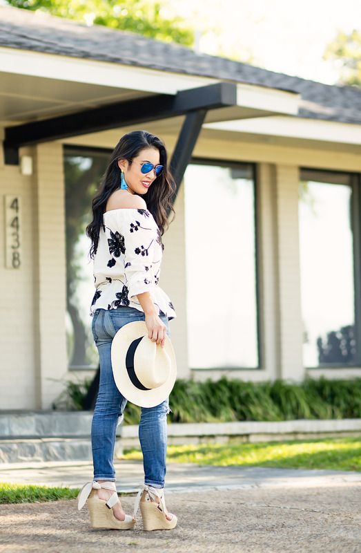 cute & little blog | petite fashion | floral off shoulder blouse, distressed jeans, wrap espadrille wedges, turquoise earrings, ray-ban blue aviators, fedora hat | spring outfit photo EL7A7588-Edit.jpg