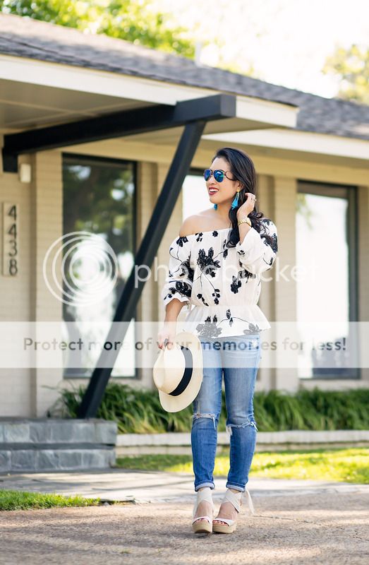 cute & little blog | petite fashion | floral off shoulder blouse, distressed jeans, wrap espadrille wedges, turquoise earrings, ray-ban blue aviators, fedora hat | spring outfit photo EL7A7509-Edit.jpg