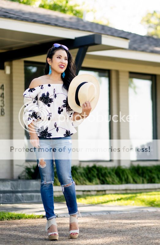cute & little blog | petite fashion | floral off shoulder blouse, distressed jeans, wrap espadrille wedges, turquoise earrings, ray-ban blue aviators, fedora hat | spring outfit photo EL7A7530-Edit-Edit.jpg